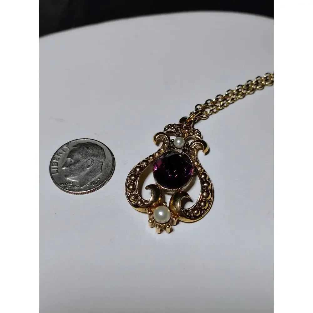 Vintage Avon Purple Crystal Faux Pearl Gold Tone Pendant Necklace